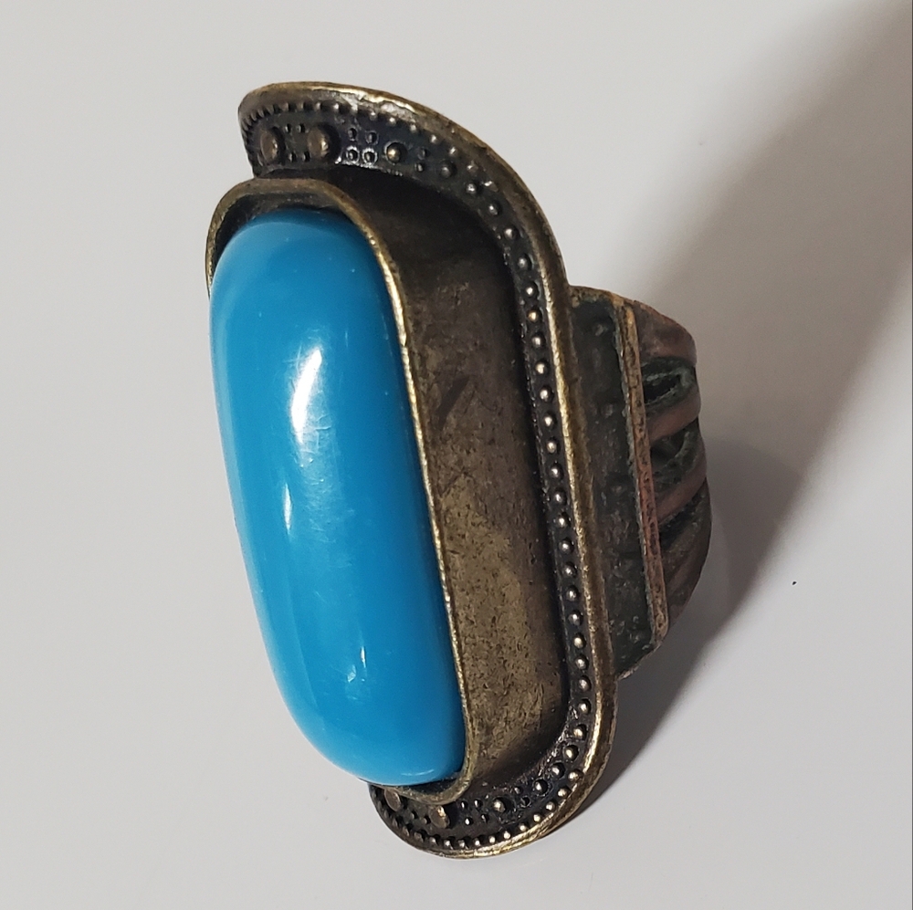 Vintage Gypsy Boho Brass Ring Faux Tourqois Inlay